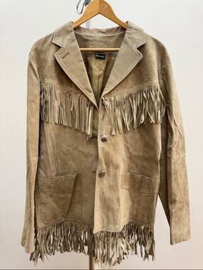 Genuine leather fringe jacket flower embossing L